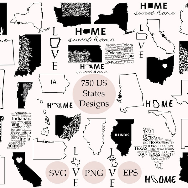 USA States SVG Bundle, 50 States SVG Bundle 750 Files, Outline United States Map Svg, Silhouettes, Us states clip art, United States Map Svg