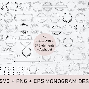 Monograma de 54 marcos SVG, marco de boda SVG, alfabeto SVG, archivos de corte de letras para Cricut, arte SVG floral, corona SVG, marco digital ClipArt