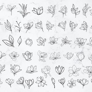 K&ouml;nnte beinhalten: Ein Satz von 48 Schwarzwei&szlig;-Linienzeichnungen von Magnolienbl&uuml;ten und -bl&auml;ttern. Die Zeichnungen sind einfach und elegant und eignen sich perfekt f&uuml;r eine Vielzahl von kreativen Projekten.