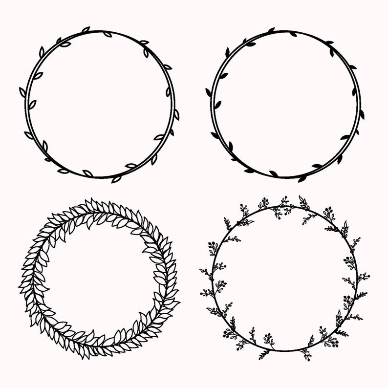 K&ouml;nnte beinhalten: Vier schwarze und wei&szlig;e kreisf&ouml;rmige Kr&auml;nze mit verschiedenen Blattdesigns. Die Kr&auml;nze sind perfekt, um Ihren Bastelarbeiten und Projekten einen Hauch von Natur zu verleihen.