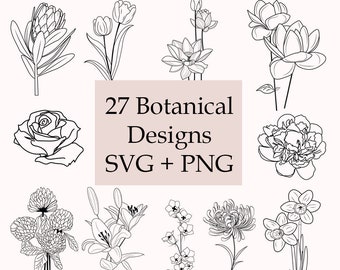 May include: A set of 27 black and white botanical illustrations, including flowers, leaves, and stems. The illustrations are in a simple, minimalist style. The text "27 Botanical Designs SVG + PNG" is included in the image.