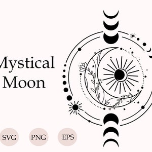 Luna mística SVG, Luna celestial SVG, Luna mística Clipart, Luna mágica SVG, Arte lineal SVG abstracto