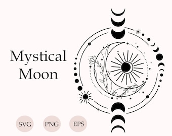 Mystical Moon Svg, Celestial Svg, Mystical Moon Clipart, Magic Svg, Abstract Svg Line Art