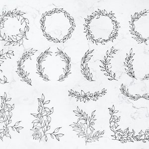 May include: A set of 18 black and white hand-drawn floral wreaths and borders. The wreaths are circular and half-circle shapes. The borders are curved and straight lines. The designs are simple and elegant.