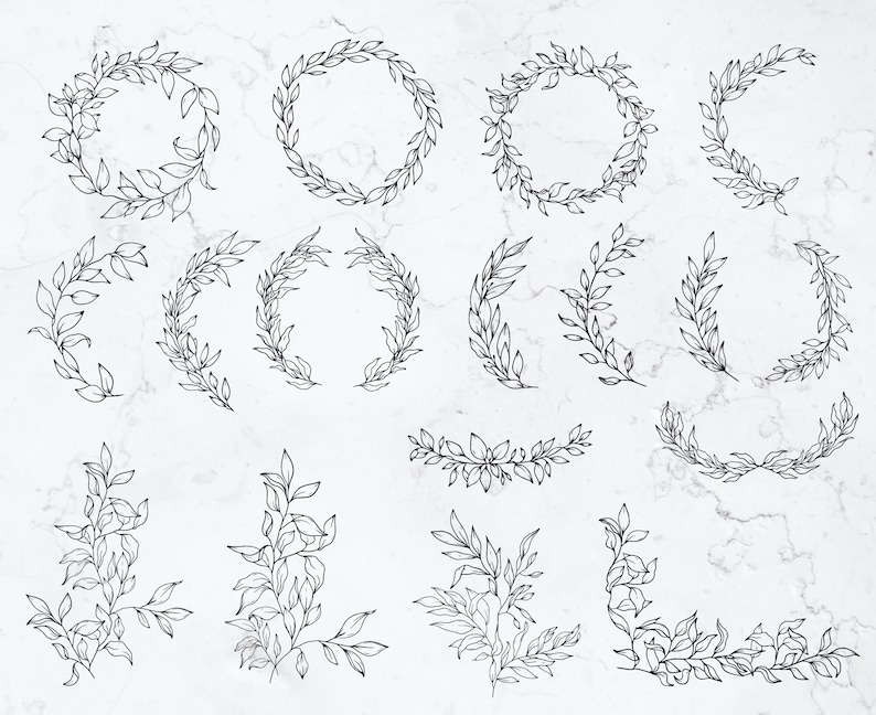 May include: A set of 18 black and white hand-drawn floral wreaths and borders. The wreaths are circular and half-circle shapes. The borders are curved and straight lines. The designs are simple and elegant.