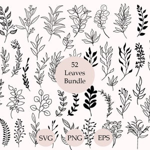 Pacote SVG com 52 folhas, folhas desenhadas à mão SVG, plantas SVG, arquivos de corte, clipart de folhas, Cricut, folha PNG