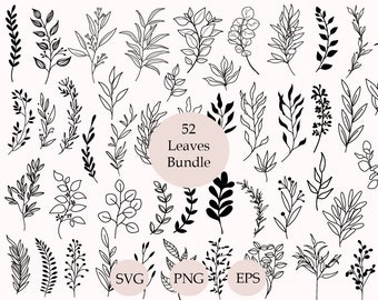52 Foglie SVG Bundle, Foglie disegnate a mano SVG, Pianta Svg, File tagliati, Clipart foglia, Cricut, Foglia Png