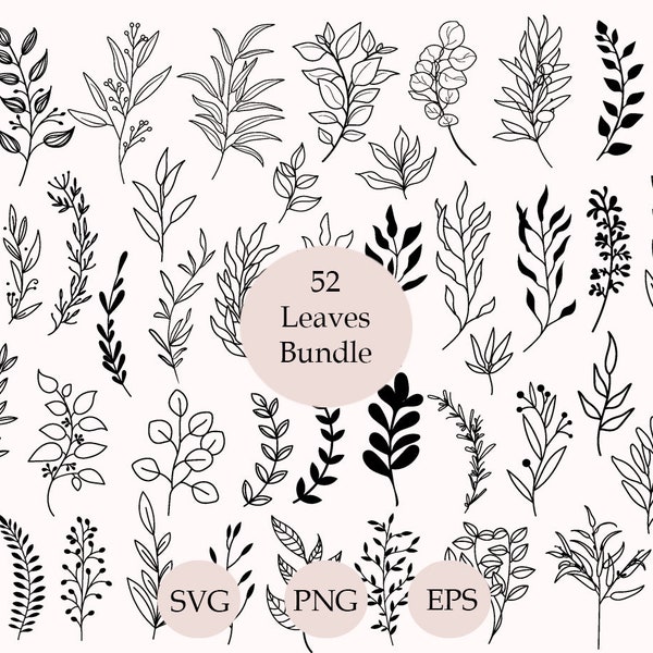 52 Leaves SVG Bundle, Hand Drawn Leaves SVG, Plant Svg,  Cut Files, Leaf Clipart, Cricut, Leaf Png