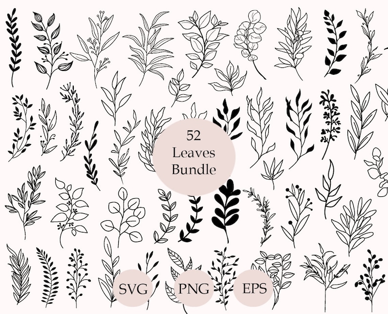 May include: A set of 52 black and white line drawings of leaves and branches. The drawings are arranged in a grid pattern and are labeled "52 Leaves Bundle", "SVG", "PNG", and "EPS".