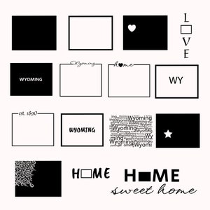 Op de afbeelding: Zwart-witte grafische ontwerpelementen met de tekst "Wyoming" en "home" die meerdere keren worden herhaald. Het ontwerp bevat ook een hart, een ster en de tekst "LOVE", "WY" en "est. 1890".