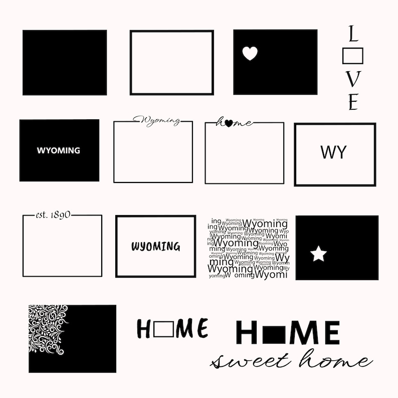 Op de afbeelding: Zwart-witte grafische ontwerpelementen met de tekst "Wyoming" en "home" die meerdere keren worden herhaald. Het ontwerp bevat ook een hart, een ster en de tekst "LOVE", "WY" en "est. 1890".