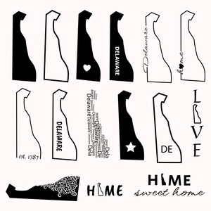 Op de afbeelding: Een set met zwart-witte omtrek afbeeldingen van de staat Delaware. Sommige afbeeldingen bevatten het woord "Delaware" en de tekst "est. 1787". Andere afbeeldingen bevatten een hart, een ster en het woord "home".