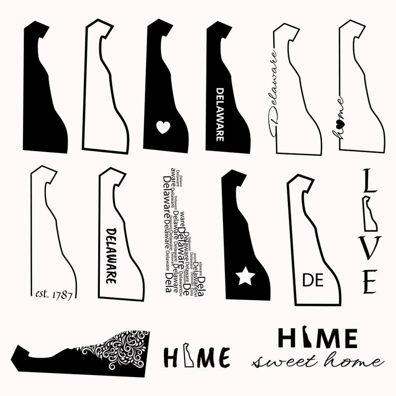Op de afbeelding: Een set met zwart-witte omtrek afbeeldingen van de staat Delaware. Sommige afbeeldingen bevatten het woord "Delaware" en de tekst "est. 1787". Andere afbeeldingen bevatten een hart, een ster en het woord "home".