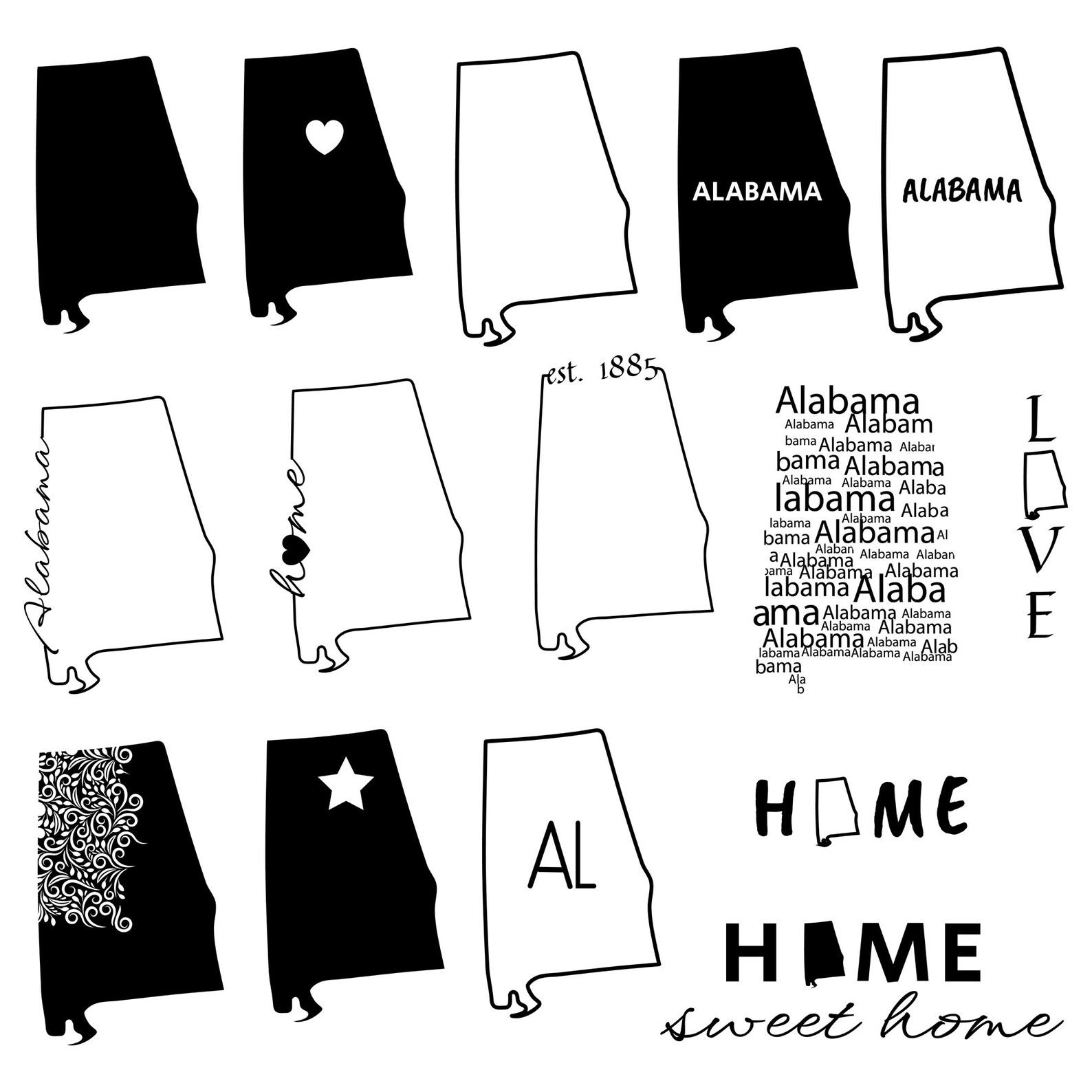 Alabama State SVG Bundle, State of Alabama Outline, Cut Files for ...