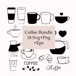 May include: A black and white illustration set of 18 coffee-themed SVG, PNG, and EPS files. The set includes coffee cups, mugs, a coffee pot, a coffee maker, a croissant, coffee beans, and the word "Coffee".