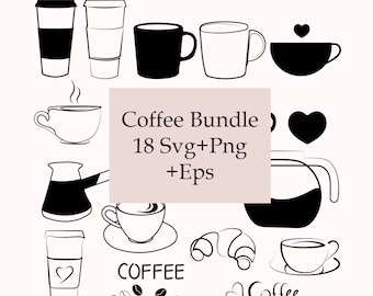 Koffie Svg-bundel, koffiekopje Svg, gesneden bestanden voor Cricut, koffiemok Svg, koffie Clipart, koffiebonen Svg, koffiepot Svg, koffiekopje Clipart