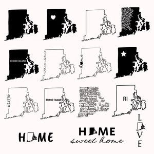Op de afbeelding: Een set van 10 zwart-witte ontwerpen van de omtrek van de staat Rhode Island. De ontwerpen omvatten een hart, een ster, een bloemenpatroon en de woorden "Rhode Island", "Home", "RI", "est. 1776" en "Home sweet home".