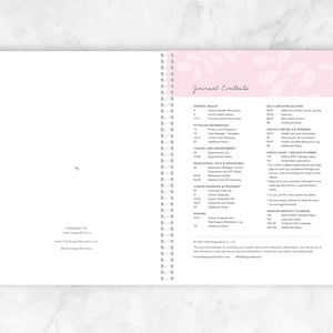 May include: A pink and white journal with tabs for different sections. The journal is titled "Journal Contents" and includes sections for general health, self-care, health care bills & expenses, weekly & monthly calendars, and appointments.