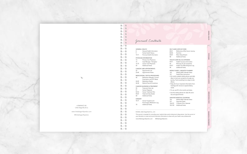May include: A pink and white journal with tabs for different sections. The journal is titled "Journal Contents" and includes sections for general health, self-care, health care bills & expenses, weekly & monthly calendars, and appointments.
