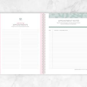 'Upcoming Appointments log for oncology appointments. Appointment Notes pages for writing down doctor appointment notes.