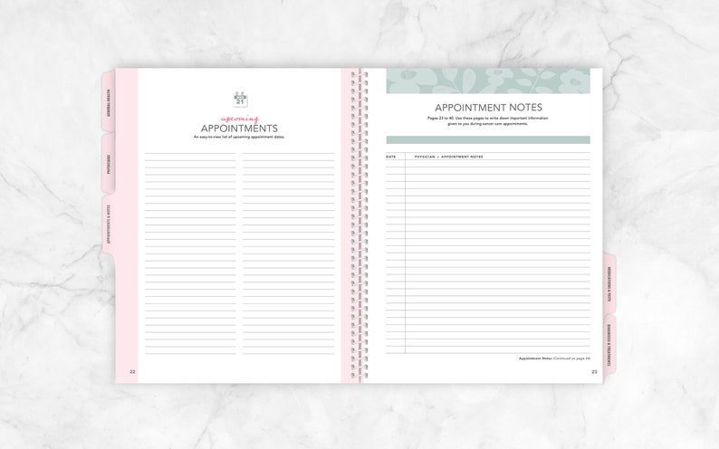 'Upcoming Appointments log for oncology appointments. Appointment Notes pages for writing down doctor appointment notes.
