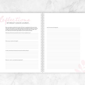 May include: A pink and white journal with the title "Reflections: My Breast Cancer Journey..."  The journal has tabs with the words "Diagnosis & Treatment", "Surgery & Recovery", "Chemotherapy & Radiation", "Hormonal Therapy", and "Complementary Care".