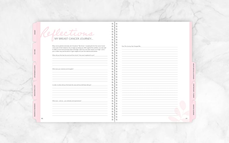 May include: A pink and white journal with the title "Reflections: My Breast Cancer Journey..."  The journal has tabs with the words "Diagnosis & Treatment", "Surgery & Recovery", "Chemotherapy & Radiation", "Hormonal Therapy", and "Complementary Care".