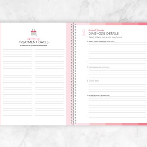 May include: A pink and white planner with a calendar icon and the text "Treatment Dates". The right page has a pink ribbon and the text "Breast Cancer Diagnosis Details".