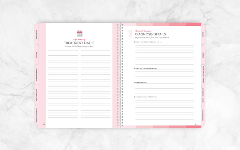 May include: A pink and white planner with a calendar icon and the text "Treatment Dates". The right page has a pink ribbon and the text "Breast Cancer Diagnosis Details".