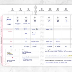 May include: A weekly planner with a pink and white cover. The planner has a monthly calendar view and a daily view. The daily view includes space for appointments, notes, and a weekly routine. The planner is open to the month of June.