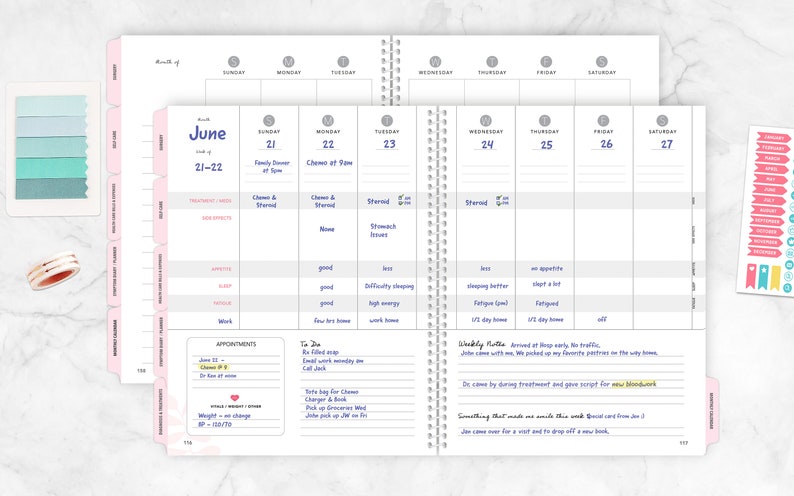 May include: A weekly planner with a pink and white cover. The planner has a monthly calendar view and a daily view. The daily view includes space for appointments, notes, and a weekly routine. The planner is open to the month of June.