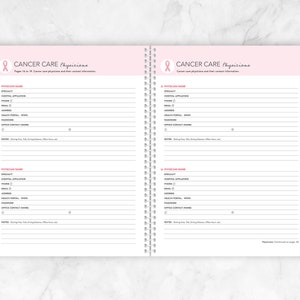 cancer care journal with the title 'Cancer Care Physicians' and a pink ribbon. The pages have lines for writing down the names of physicians, their specialties, contact information, and notes.