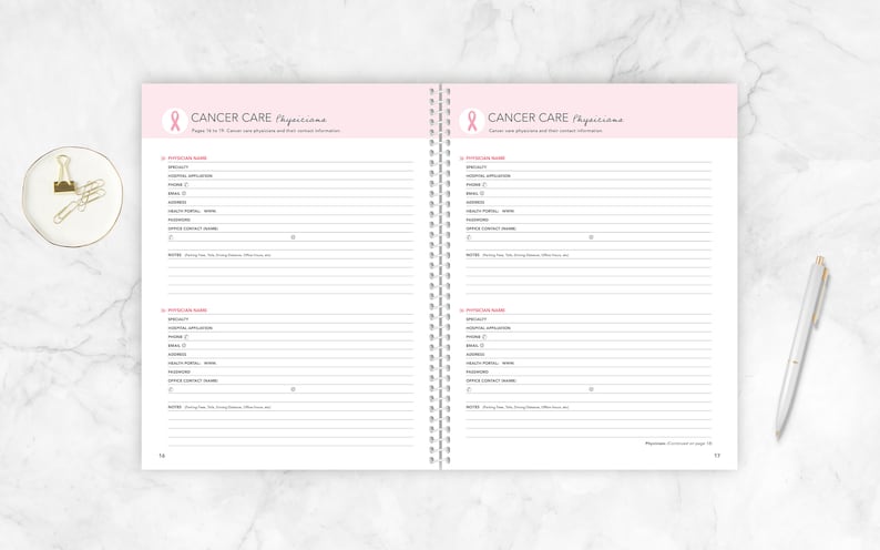 cancer care journal with the title 'Cancer Care Physicians' and a pink ribbon. The pages have lines for writing down the names of physicians, their specialties, contact information, and notes.