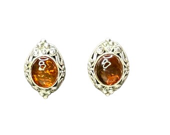 Amber Stone Filigree Designs Evil Eye Sterling  Earrings