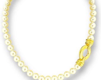 One Strand Asymmetric Style Glass Pearl Womens Necklace Over Gold Plated