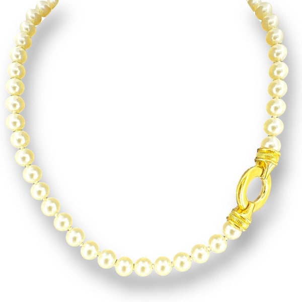 One Strand Asymmetric Style Glass Pearl Womens Necklace Over Gold Plated