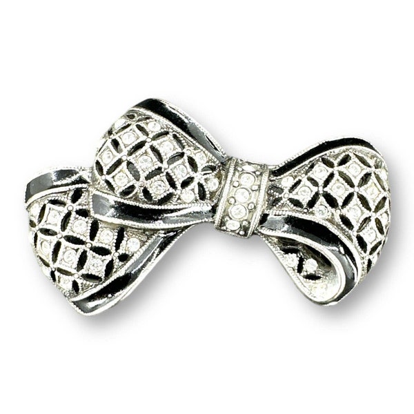 Vintage Anne Klein Brooch Bow Rhinestones & Black Enamel Silver-Toned 2" Pin AK