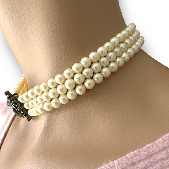 Three Strands Faux Pearl Choker Necklace Large CZ… - image 3