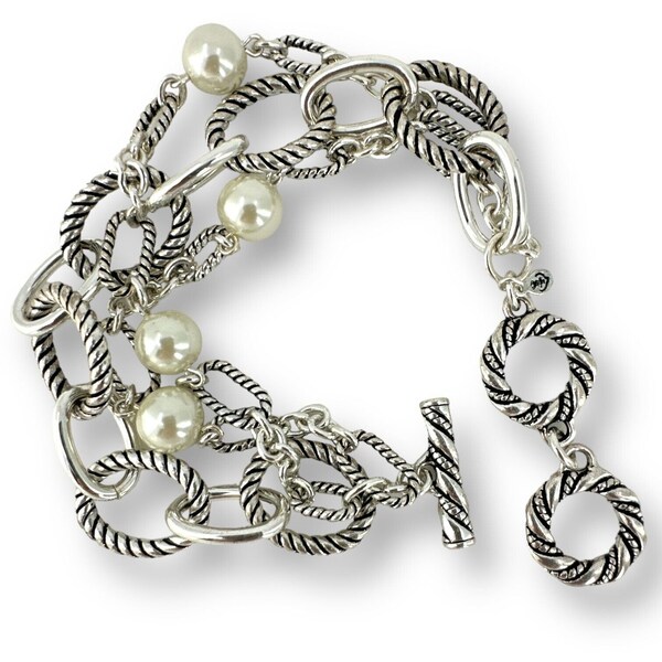 Premier Designs Bellissimo 3 Chain Strand Bracelet Faux Pearls Toggle Clasp