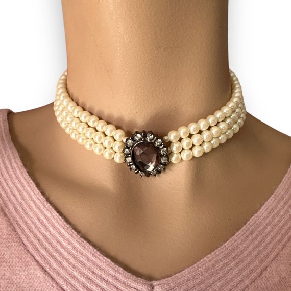 Three Strands Faux Pearl Choker Necklace Large CZ… - image 2
