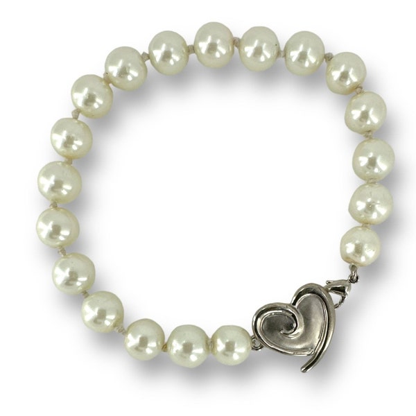 Mary Kay Heart Charm Link Knotted Faux Pearl Beaded Bracelet 7.5" Lobster Claw Clasp