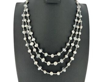 Layered Genuine Pearl & Faceted Glass Beads Link Necklace over Sterling Silver