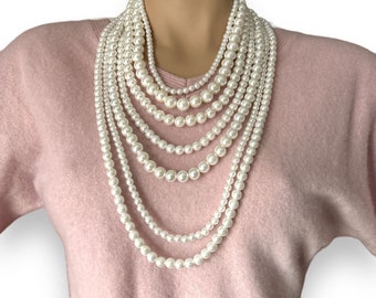 8 Strands White Faux Pearl Layered Womens Beaded Necklace