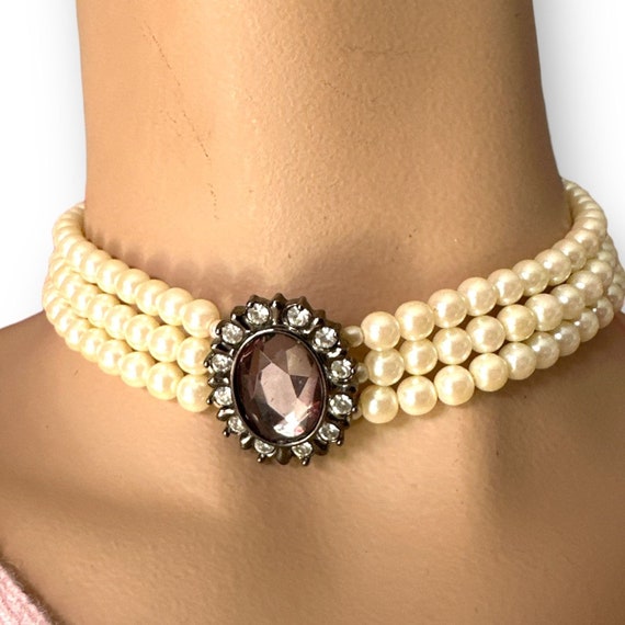 Three Strands Faux Pearl Choker Necklace Large CZ… - image 1