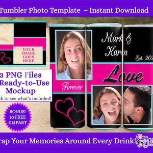 Pink and Black Love PNG – Two Photo Romantic Collage Template with Hearts – for 20oz Skinny Tumblers – Bold Gift Art – Instant Download