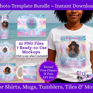 May include: A photo template bundle available for instant download, with mockups for shirts, mugs, tumblers, and tiles. The design includes a photo of a woman in a hat, with text that reads "Your wings were ready, my heart was not." Includes 22 PNG files and 7 ready-to-use mockups.