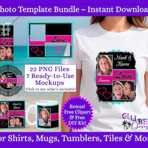 Modern Love Photo PNG Bundle – 2 Photo Hot Pink and Black Template with Heart Graphics – Bundle for All Projects & Gifts – Instant Download