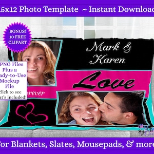 Two Photo Love PNG Design – Modern Hot Pink and Black Photo Frame Template with Hearts – for Ceramic tiles and Blankets – Instant Download