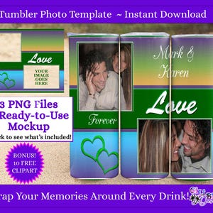 Green Love Collage Template – Two Photo PNG with Heart Shapes and Gradient Panels – for 20oz Skinny Tumblers Romantic Gift Instant Download