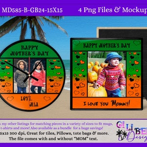 Bright and Cheerful design in Orange and green with hearts, digital design PHOTO template download, Sublimation png round, clock, mousepad
